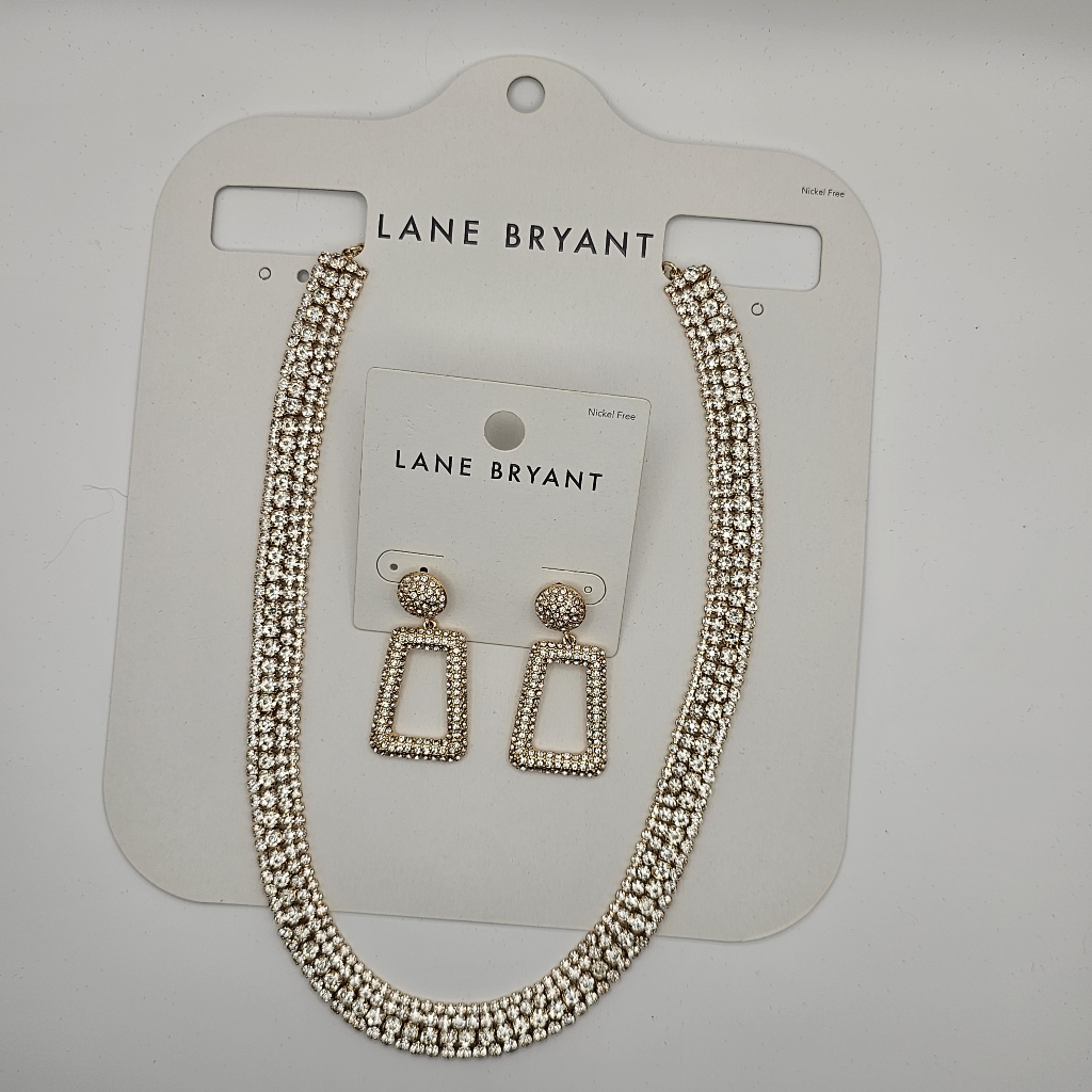 New 2 Pc Lane Bryant Matching Gold Cz Diamond Pave Necklace And Earrings 34$